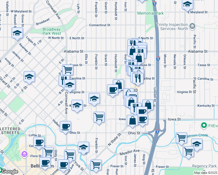 map of restaurants, bars, coffee shops, grocery stores, and more near 2142 Grant Street in Bellingham