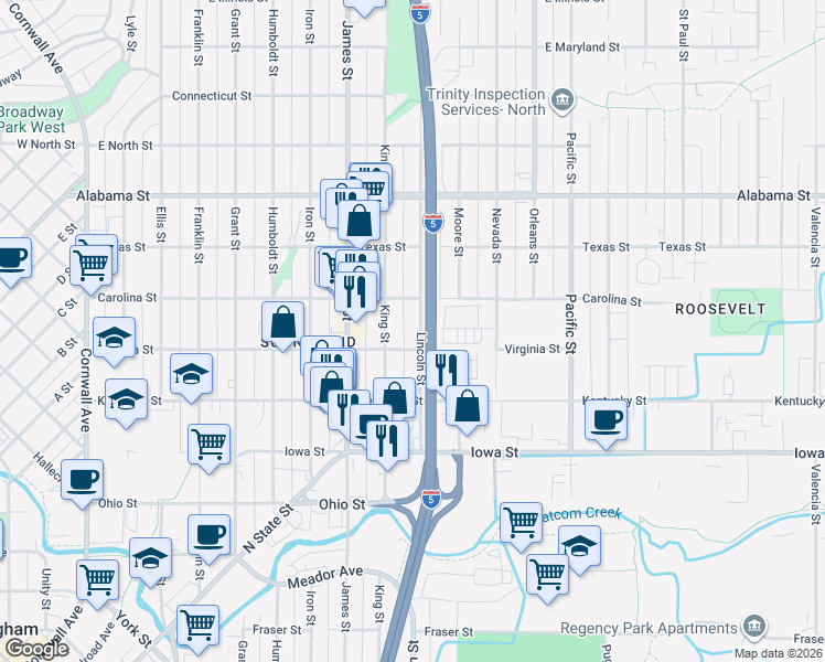 map of restaurants, bars, coffee shops, grocery stores, and more near 2217 Lincoln Street in Bellingham
