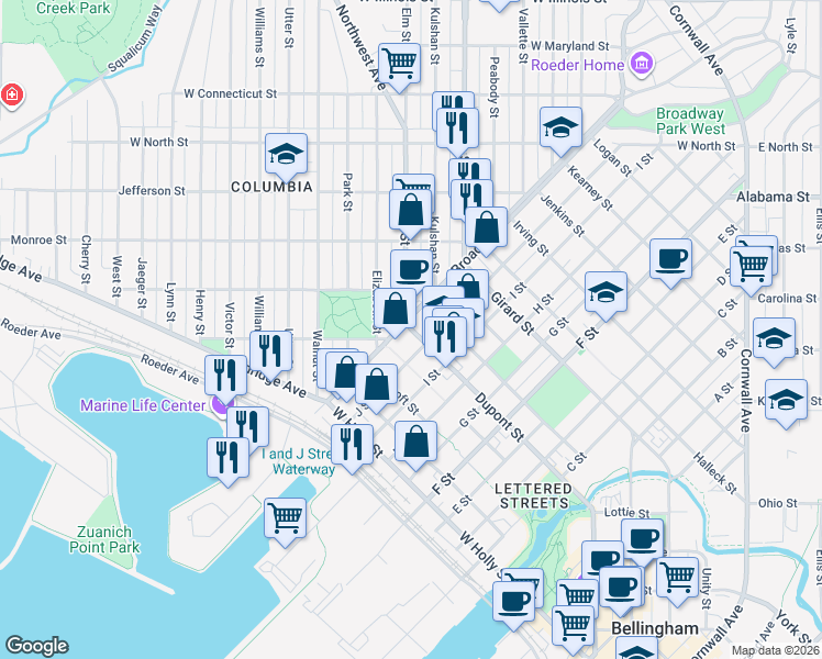 map of restaurants, bars, coffee shops, grocery stores, and more near 4 West Holly Street in Bellingham