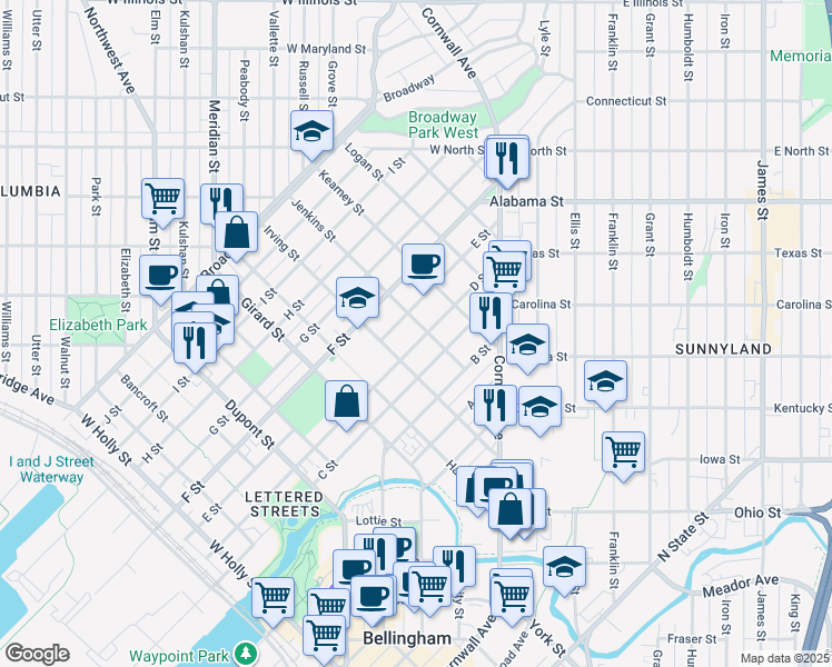 map of restaurants, bars, coffee shops, grocery stores, and more near 2211 C Street in Bellingham