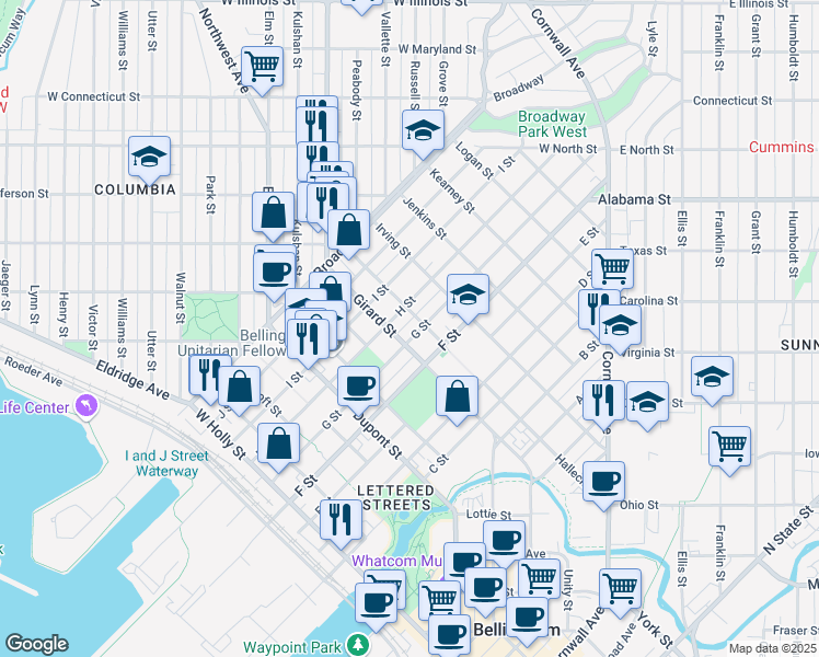 map of restaurants, bars, coffee shops, grocery stores, and more near 1000 Girard Street in Bellingham