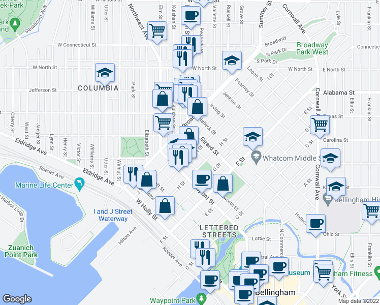 map of restaurants, bars, coffee shops, grocery stores, and more near 1801 H Street in Bellingham
