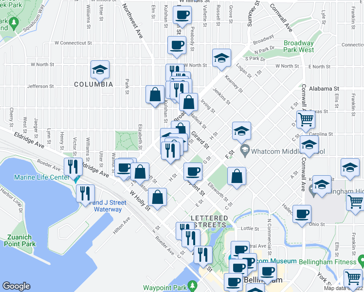 map of restaurants, bars, coffee shops, grocery stores, and more near 1801 H Street in Bellingham