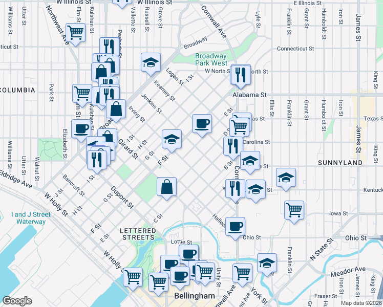 map of restaurants, bars, coffee shops, grocery stores, and more near 2214 E Street in Bellingham