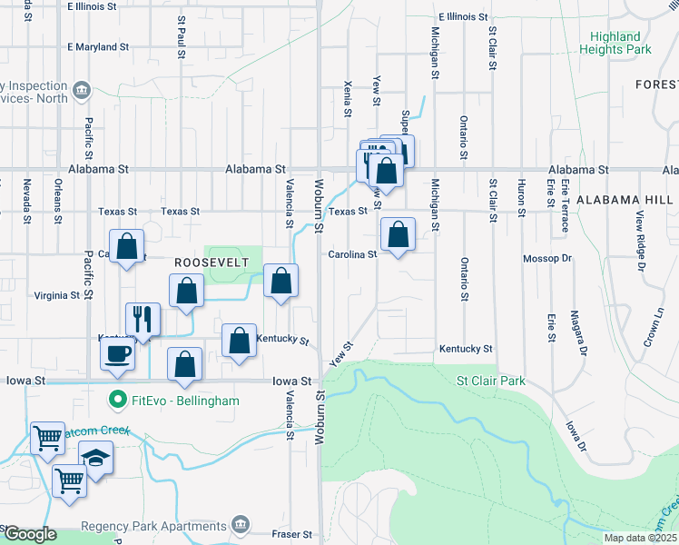 map of restaurants, bars, coffee shops, grocery stores, and more near 2300 Woburn Street in Bellingham