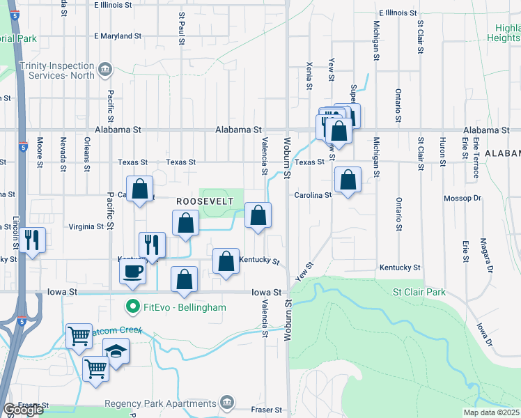 map of restaurants, bars, coffee shops, grocery stores, and more near 2244 Valencia Street in Bellingham