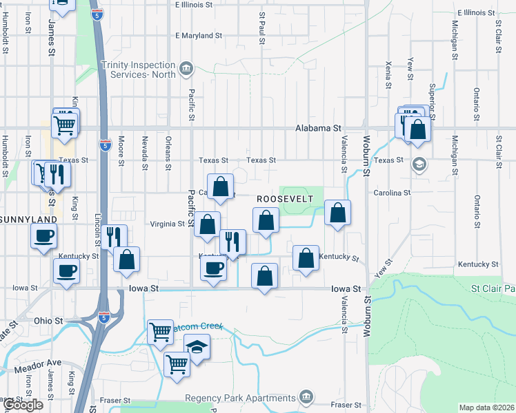 map of restaurants, bars, coffee shops, grocery stores, and more near 1609 Carolina Street in Bellingham