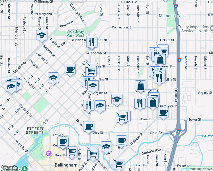 map of restaurants, bars, coffee shops, grocery stores, and more near 2302 Ellis Street in Bellingham