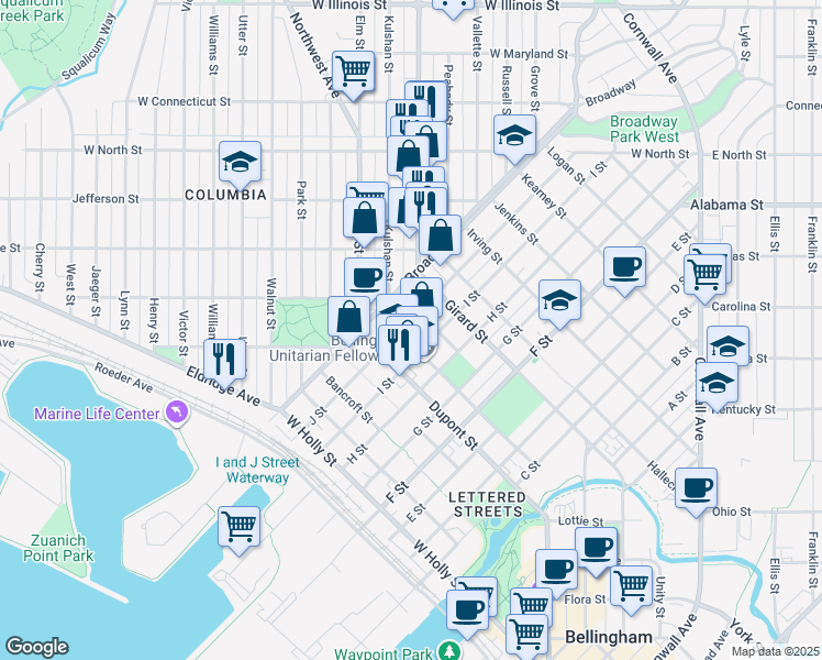 map of restaurants, bars, coffee shops, grocery stores, and more near 1810 Broadway in Bellingham
