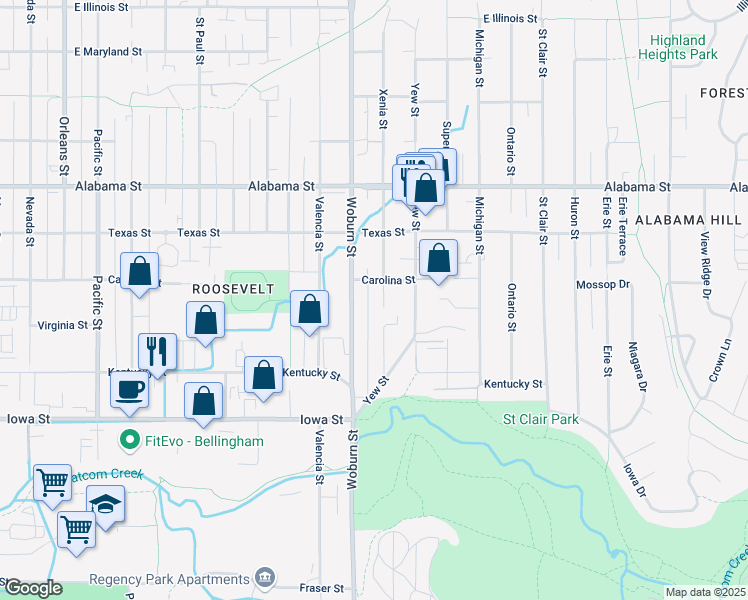 map of restaurants, bars, coffee shops, grocery stores, and more near 2300 Woburn Street in Bellingham