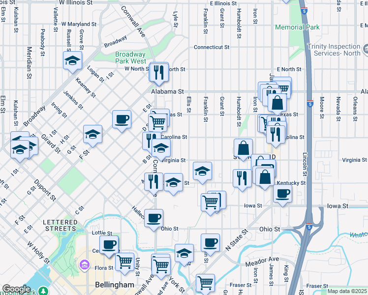 map of restaurants, bars, coffee shops, grocery stores, and more near 2302 Ellis Street in Bellingham