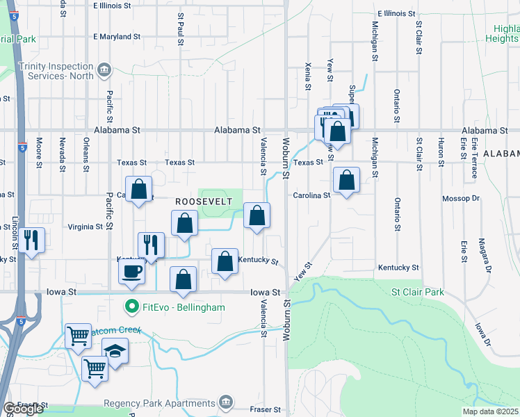 map of restaurants, bars, coffee shops, grocery stores, and more near 2244 Valencia Street in Bellingham
