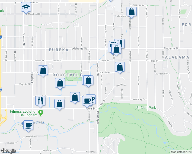 map of restaurants, bars, coffee shops, grocery stores, and more near 2300 Woburn Street in Bellingham