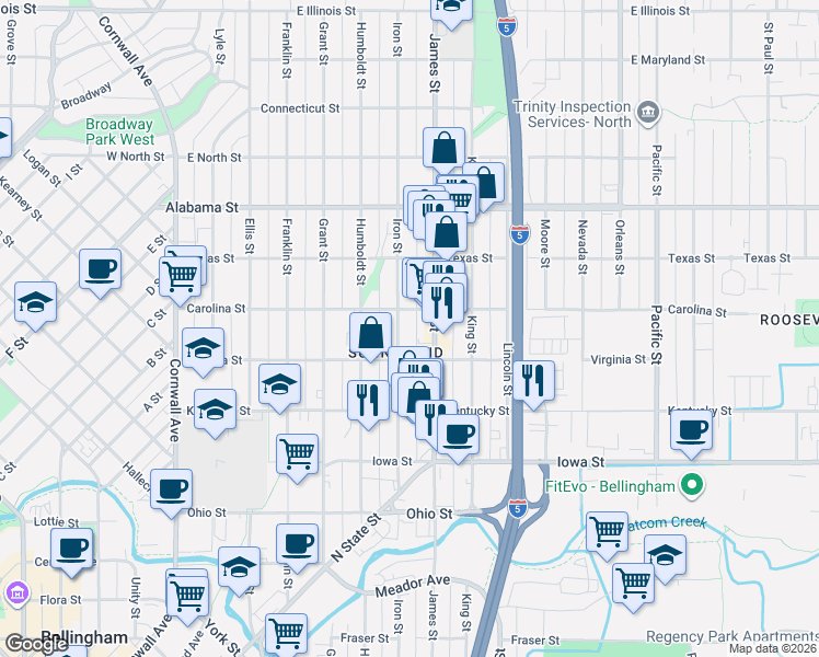 map of restaurants, bars, coffee shops, grocery stores, and more near 705 Carolina Street in Bellingham