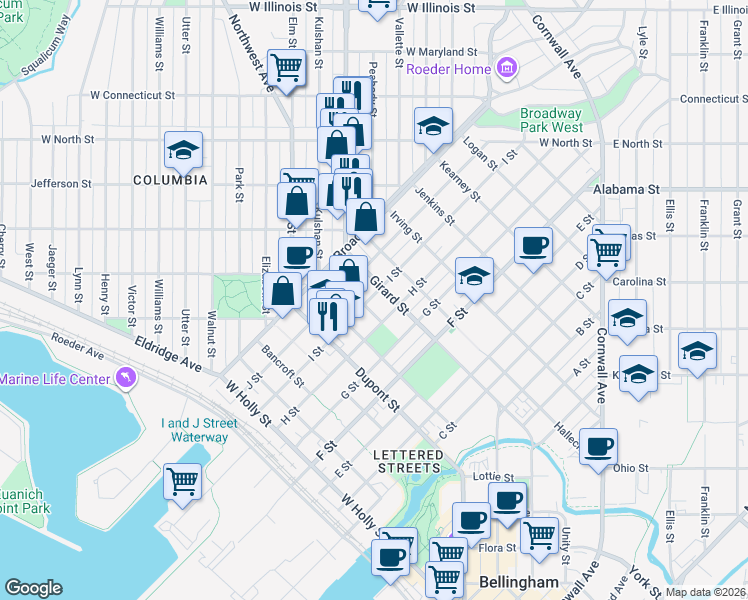 map of restaurants, bars, coffee shops, grocery stores, and more near 1910 J Street in Bellingham
