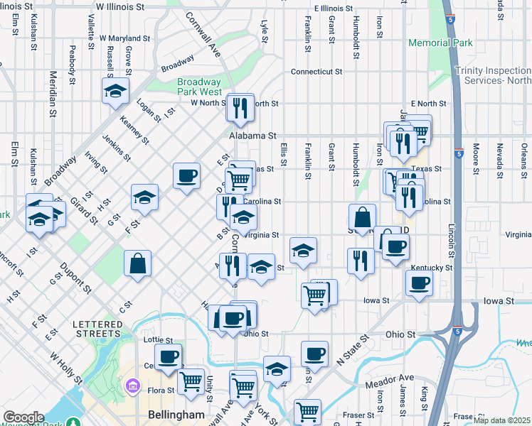 map of restaurants, bars, coffee shops, grocery stores, and more near 2220 Dean Avenue in Bellingham