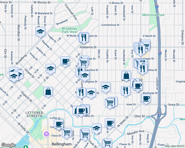 map of restaurants, bars, coffee shops, grocery stores, and more near 201 Carolina Street in Bellingham