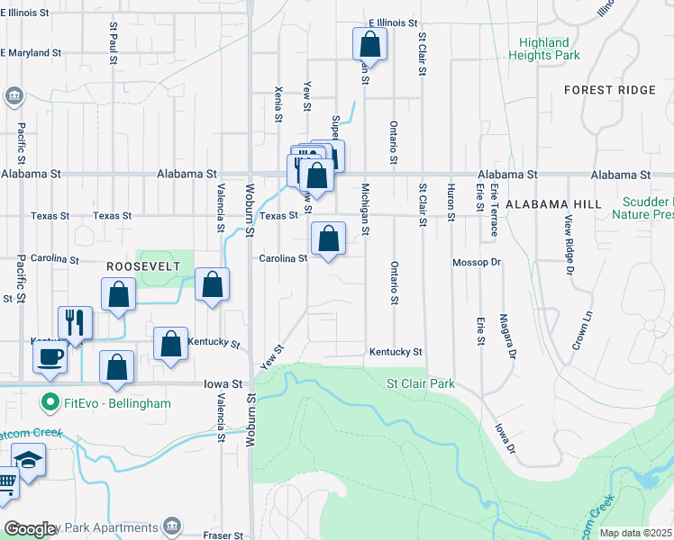 map of restaurants, bars, coffee shops, grocery stores, and more near 2243 Michigan Street in Bellingham