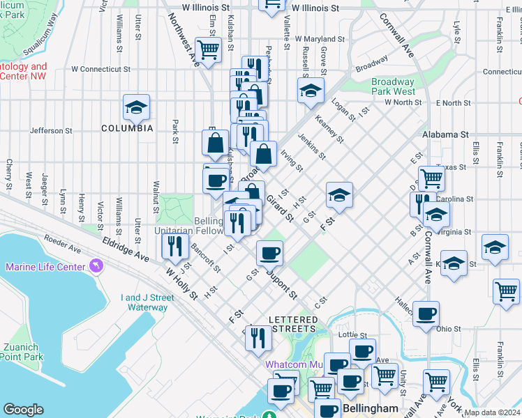 map of restaurants, bars, coffee shops, grocery stores, and more near 1910 J Street in Bellingham