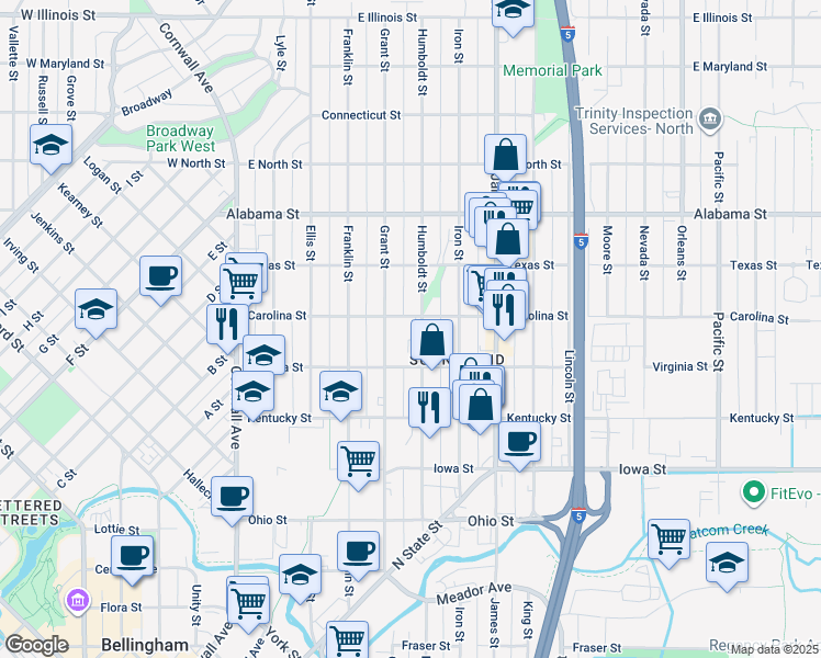 map of restaurants, bars, coffee shops, grocery stores, and more near 501 Carolina Street in Bellingham