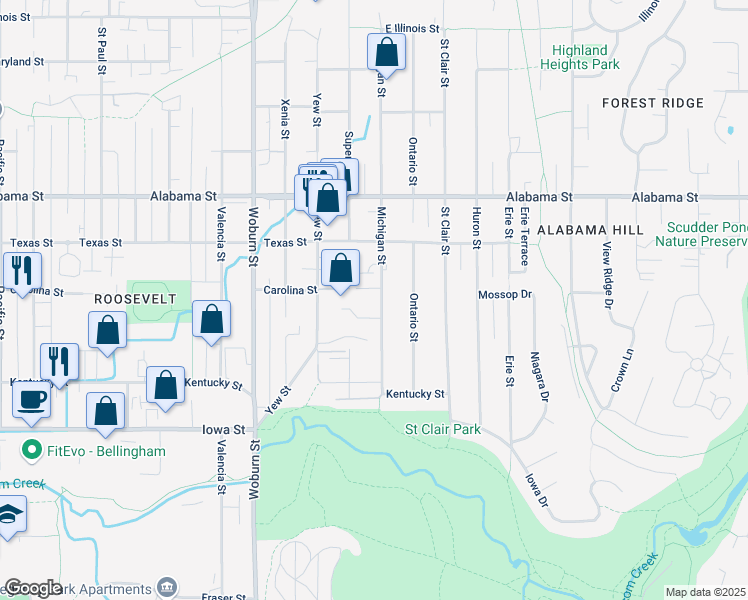map of restaurants, bars, coffee shops, grocery stores, and more near 2243 Michigan Street in Bellingham