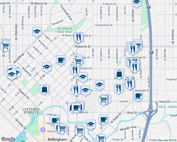map of restaurants, bars, coffee shops, grocery stores, and more near 201 Carolina Street in Bellingham