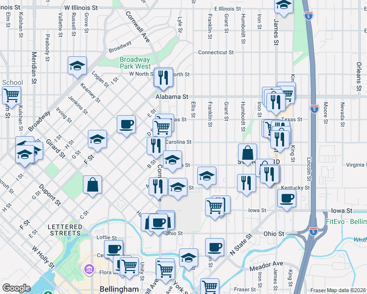 map of restaurants, bars, coffee shops, grocery stores, and more near 201 Carolina Street in Bellingham