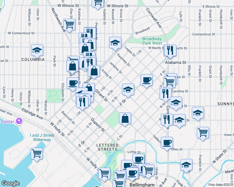 map of restaurants, bars, coffee shops, grocery stores, and more near 2110 H Street in Bellingham