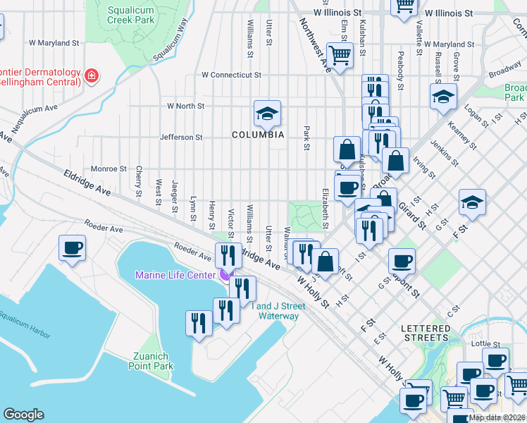 map of restaurants, bars, coffee shops, grocery stores, and more near 1701 Washington Street in Bellingham