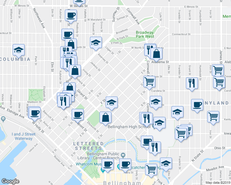 map of restaurants, bars, coffee shops, grocery stores, and more near 2212 F Street in Bellingham