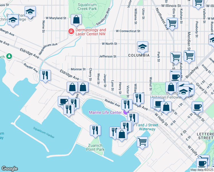 map of restaurants, bars, coffee shops, grocery stores, and more near 2201 Washington Street in Bellingham