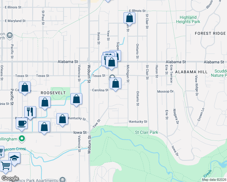 map of restaurants, bars, coffee shops, grocery stores, and more near 2300 Yew Street in Bellingham