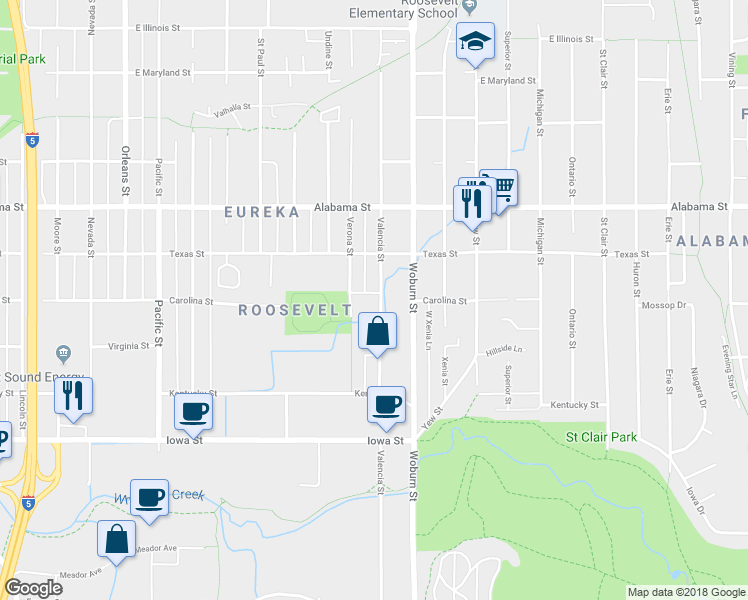map of restaurants, bars, coffee shops, grocery stores, and more near 2244 Valencia Street in Bellingham