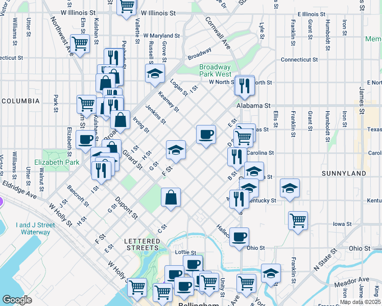 map of restaurants, bars, coffee shops, grocery stores, and more near 2222 F Street in Bellingham