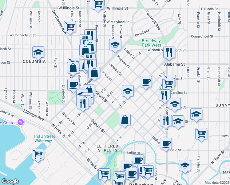 map of restaurants, bars, coffee shops, grocery stores, and more near 2110 H St in Bellingham