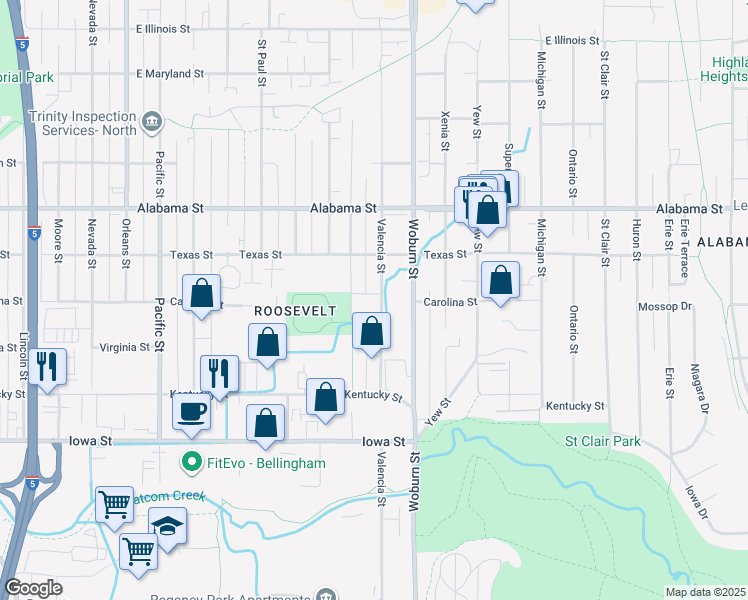 map of restaurants, bars, coffee shops, grocery stores, and more near 2244 Valencia Street in Bellingham