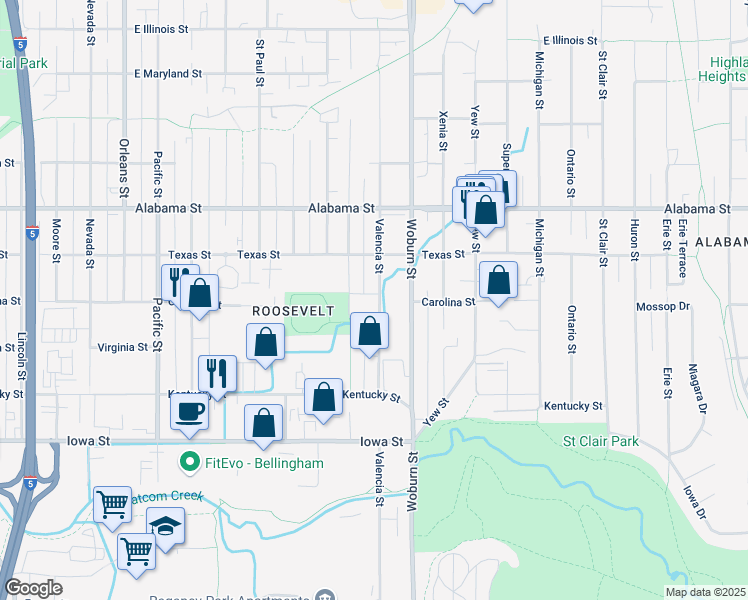 map of restaurants, bars, coffee shops, grocery stores, and more near 2244 Valencia Street in Bellingham