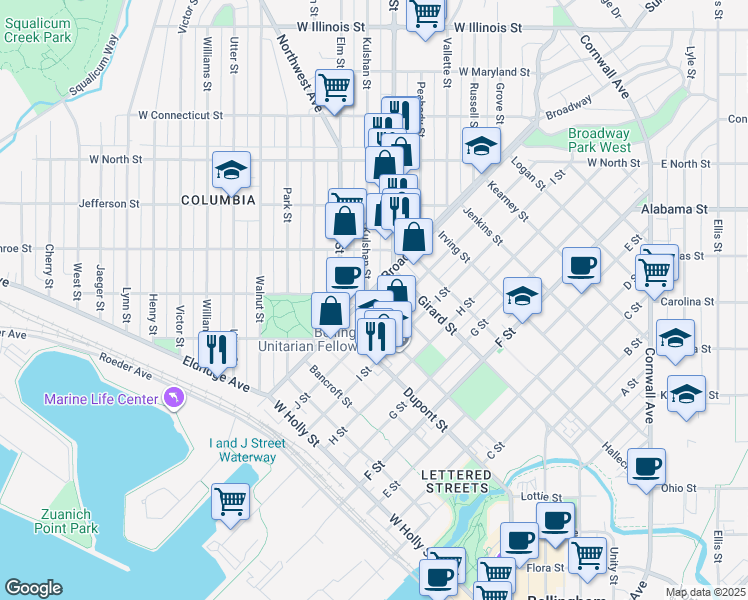 map of restaurants, bars, coffee shops, grocery stores, and more near 1810 Broadway in Bellingham
