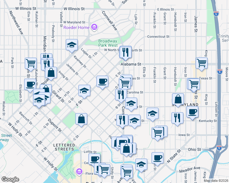 map of restaurants, bars, coffee shops, grocery stores, and more near 2406 D Street in Bellingham