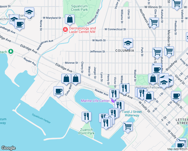 map of restaurants, bars, coffee shops, grocery stores, and more near 2201 Washington Street in Bellingham