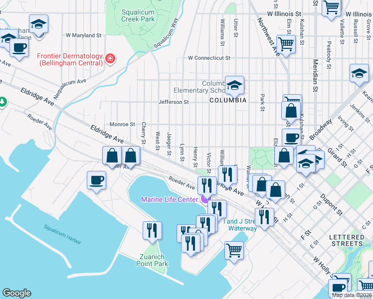map of restaurants, bars, coffee shops, grocery stores, and more near 2224 Lynn Street in Bellingham