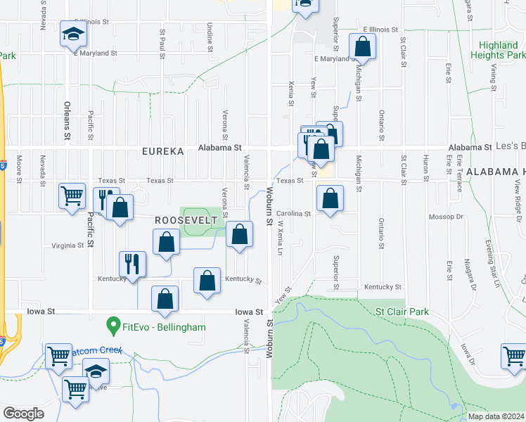 map of restaurants, bars, coffee shops, grocery stores, and more near 2300 Woburn Street in Bellingham