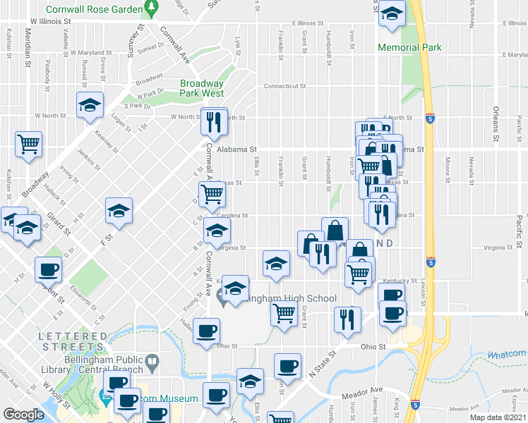 map of restaurants, bars, coffee shops, grocery stores, and more near 2302 Ellis Street in Bellingham
