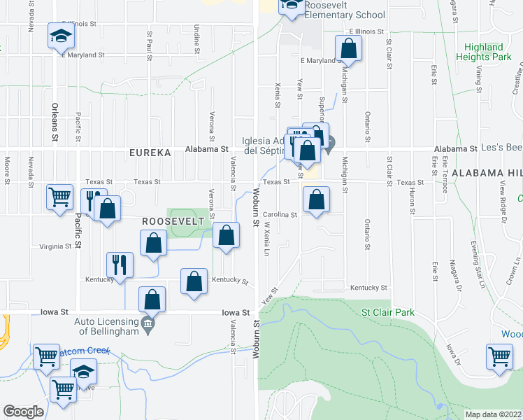 map of restaurants, bars, coffee shops, grocery stores, and more near 2300 Woburn Street in Bellingham