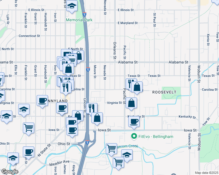 map of restaurants, bars, coffee shops, grocery stores, and more near 1207 Carolina Street in Bellingham