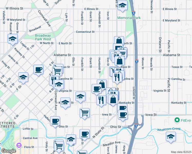map of restaurants, bars, coffee shops, grocery stores, and more near 501 Carolina Street in Bellingham