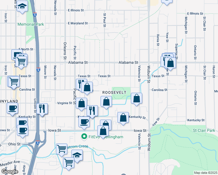 map of restaurants, bars, coffee shops, grocery stores, and more near 1713 Carolina Street in Bellingham