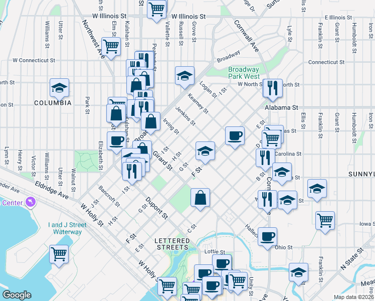 map of restaurants, bars, coffee shops, grocery stores, and more near 2110 H Street in Bellingham