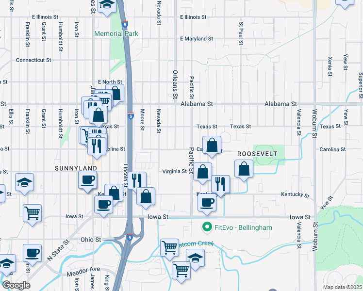 map of restaurants, bars, coffee shops, grocery stores, and more near 1307 Carolina St in Bellingham
