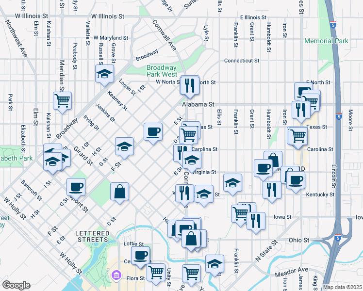 map of restaurants, bars, coffee shops, grocery stores, and more near 2300 Cornwall Avenue in Bellingham